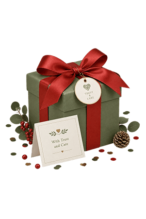 An elegant sage green gift box with a red ribbon, a trust and care tag, and a greeting card, representing Giforo's commitment to quality and transparency.